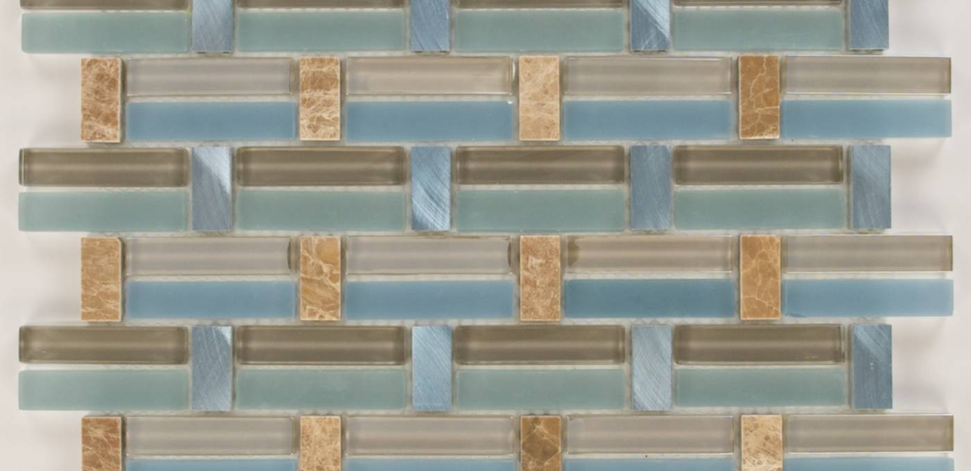 Turquoise, aqua, brown, and tan natural stone and glass mosaic wall tile, size 13" x 10.75"