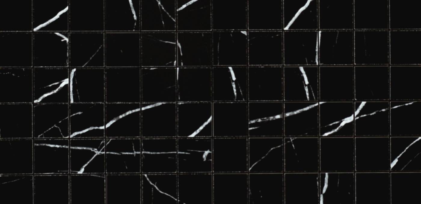 Glossy polished black marble look porcelain mosaic floor and wall tile with white veining, size 12" x 12"