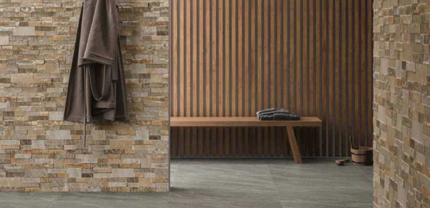 Bathroom scene with robe hanging up, featuring a beige porcelain wall tile with natural finish