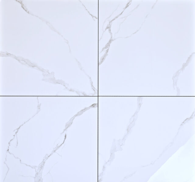 White carrara porcelain square floor and wall tile with glossy finish, size 24" x 24"