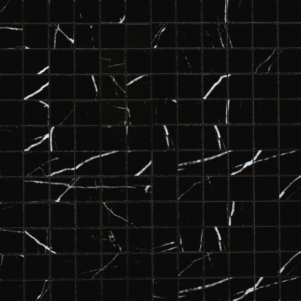 Glossy polished black marble look porcelain mosaic floor and wall tile with white veining, size 12" x 12"