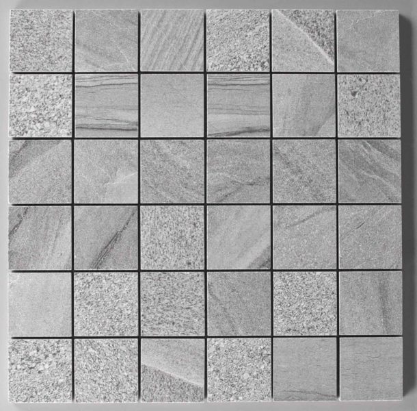 Matte or glossy grey marble look square mosaic porcelain floor and wall tile, sheet size 12" x 12"