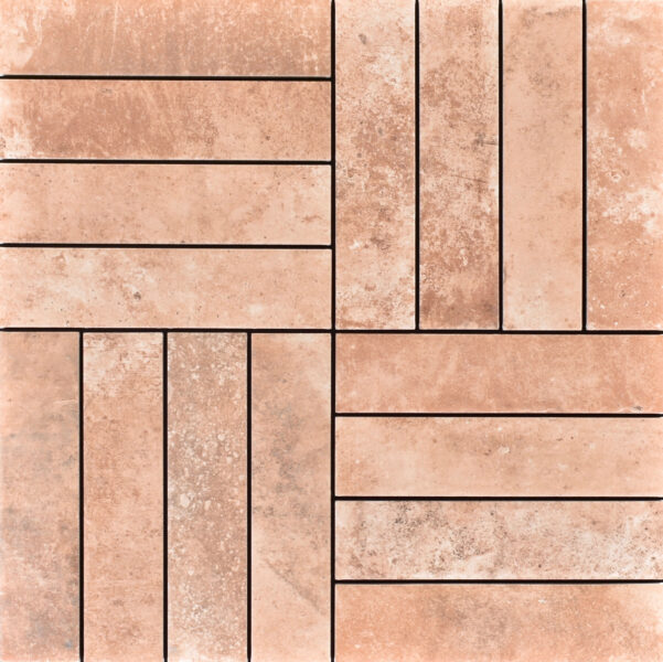 Salmon colour matte rectangle porcelain floor tile, size 2.4" x 10", stacked horizontally and vertically in separate square quadrants