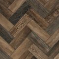 Matte brown wood look porcelain plank floor and wall tile, size 4" x 13", stacked in classic herringbone style